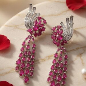 Garnet Red Ruby Marquise Fan And Waterfall Drop Earrings-Platinum Finish