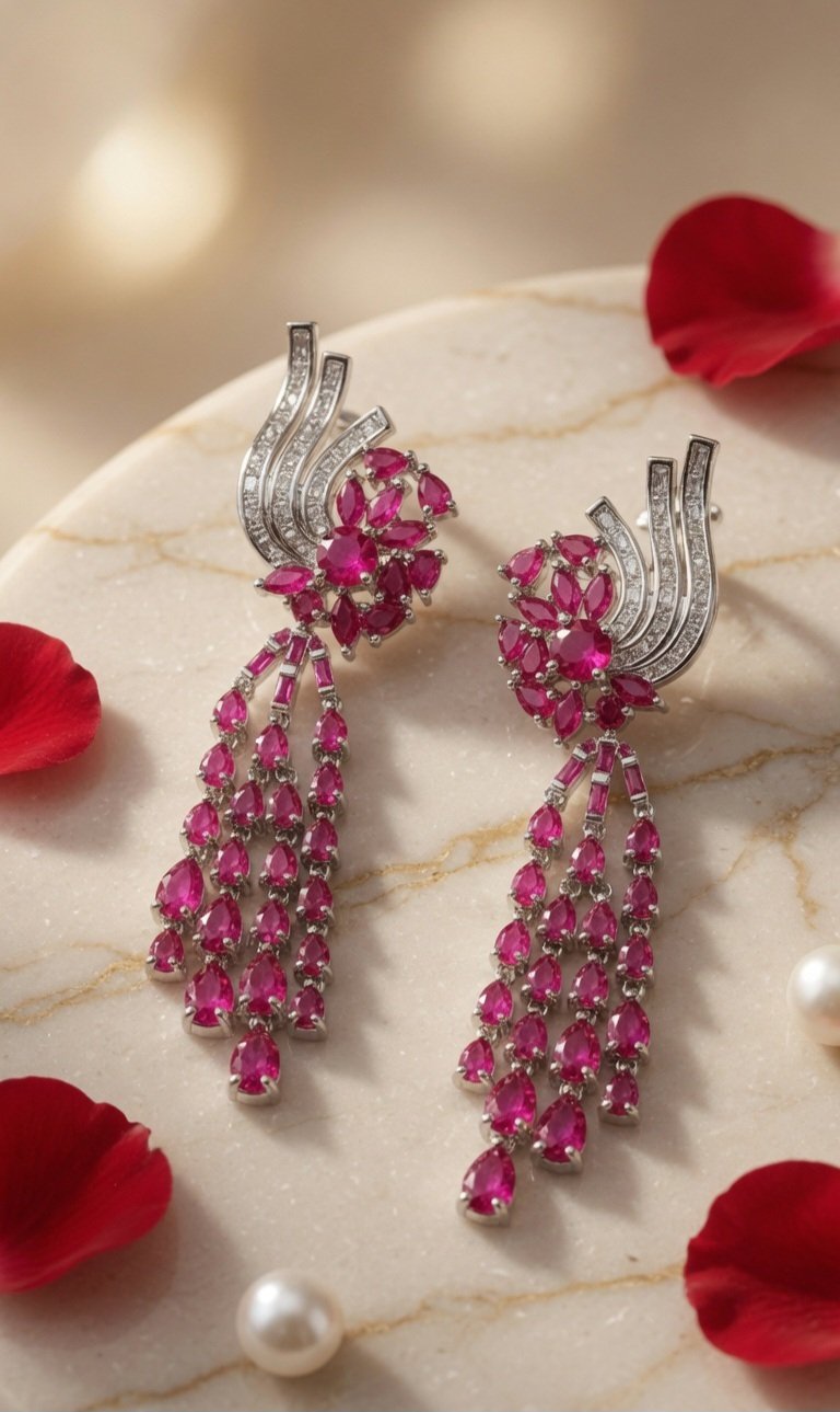 Garnet Red Ruby Marquise Fan And Waterfall Drop Earrings-Platinum Finish