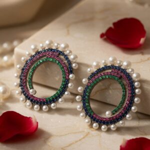 Vortex Mosaic Sapphire And Emerald Spiral Orbit Pearl Earrings-Black Rhodium Finish