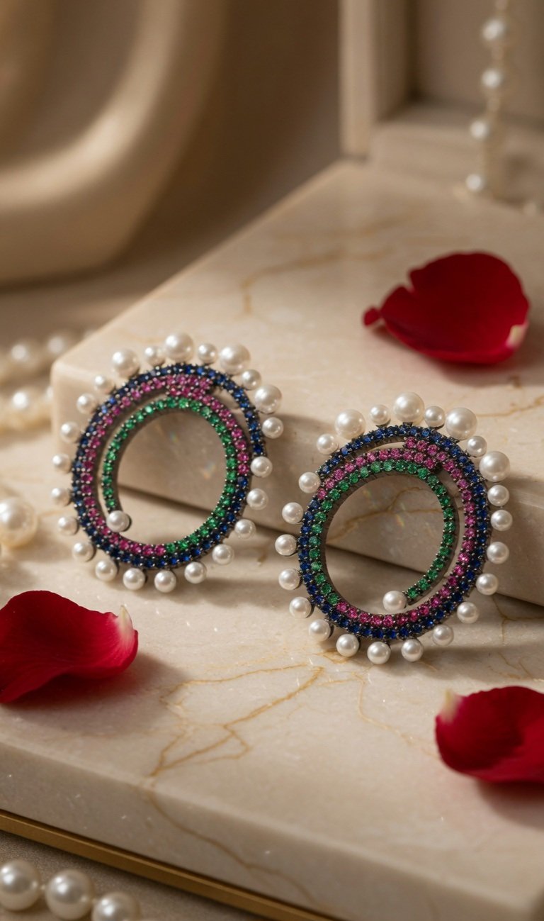 Vortex Mosaic Sapphire And Emerald Spiral Orbit Pearl Earrings-Black Rhodium Finish