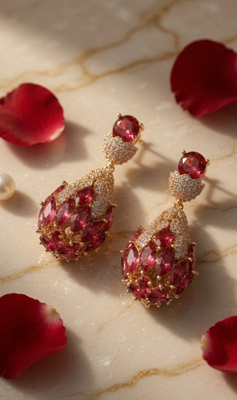 The Crimson Empress Ruby Red Marquise Teardrop Earrings-Gold Finish