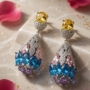 Majestic Crown Yellow Critine And Multicolor Teardrop Earrings-Platinum Finish