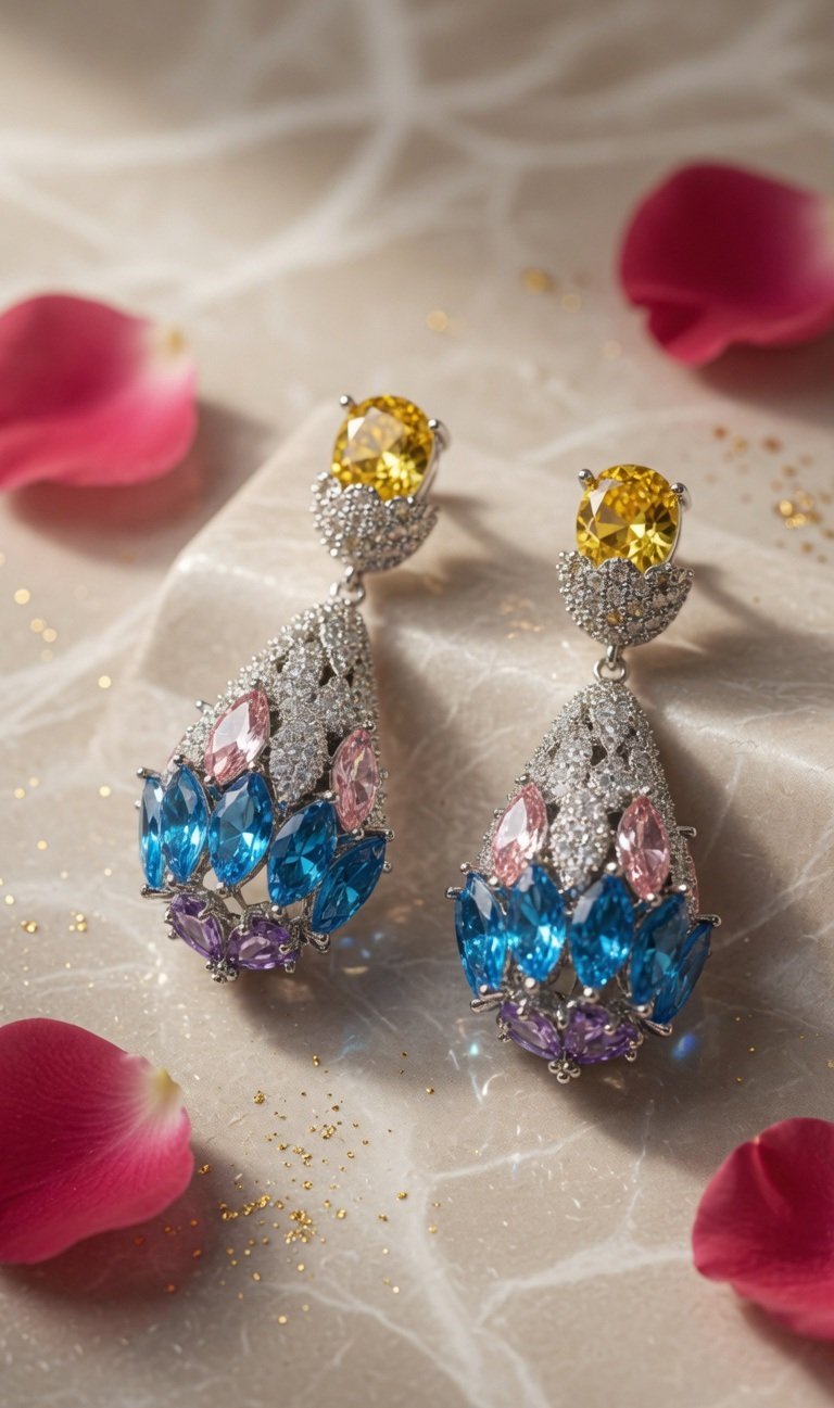Majestic Crown Yellow Critine And Multicolor Teardrop Earrings-Platinum Finish