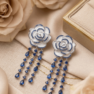 Couture Blossom Royal Blue Sapphire Cascade Earrings-Platinum Finish