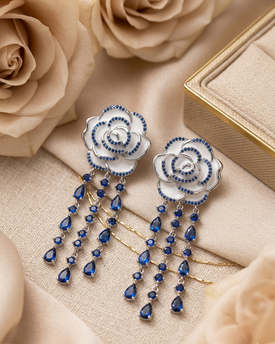 Couture Blossom Royal Blue Sapphire Cascade Earrings-Platinum Finish
