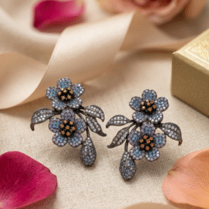 Twilight Blossom Lavender And Blue Pavè Floral Earrings-Black Rhodium Finish