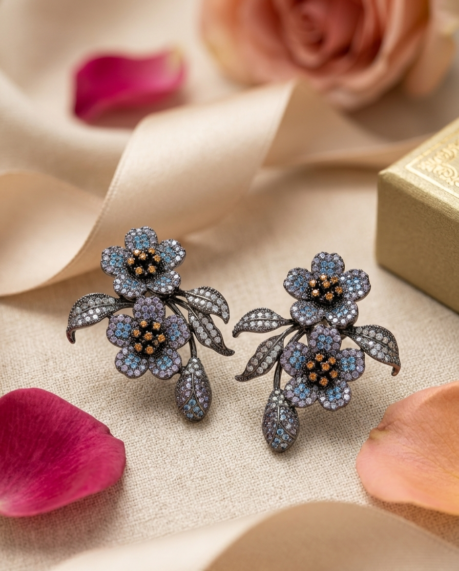 Twilight Blossom Lavender And Blue Pavè Floral Earrings-Black Rhodium Finish