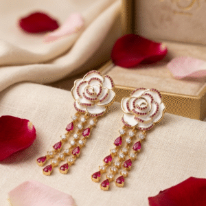 Masion Rose White Enamel And Ruby Chandelier Earrings-Gold Finish
