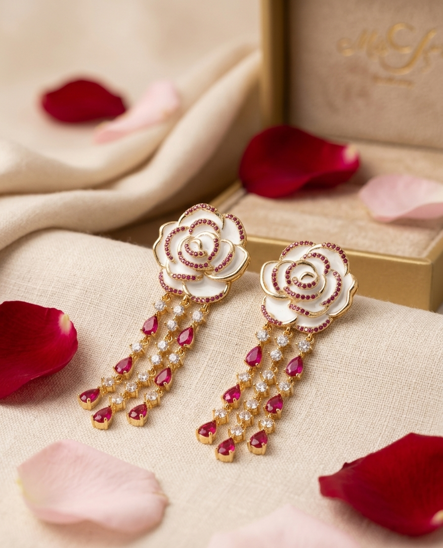 Masion Rose White Enamel And Ruby Chandelier Earrings-Gold Finish