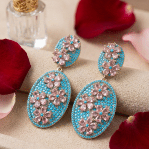 Eden Meadow Rose Quartz And Turquoise Oval Earrings-Platinum Finish