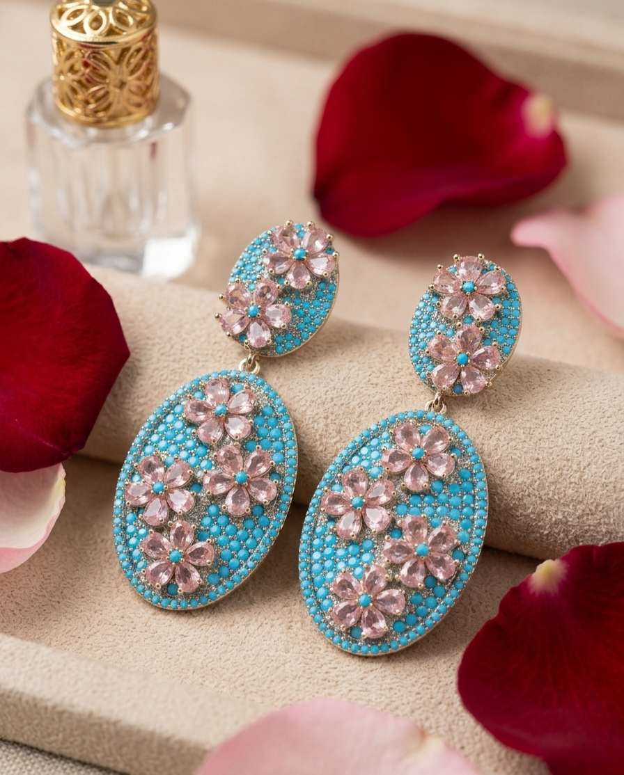 Eden Meadow Rose Quartz And Turquoise Oval Earrings-Platinum Finish