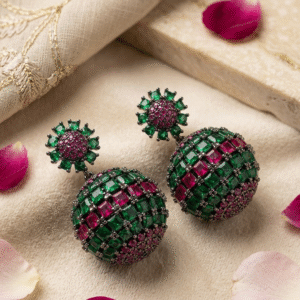 Maison mosaic Emerald And Ruby Orb Drop Earrings-Black Rhodium Finish