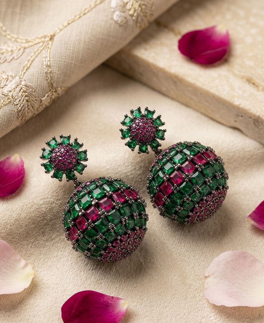 Maison mosaic Emerald And Ruby Orb Drop Earrings-Black Rhodium Finish