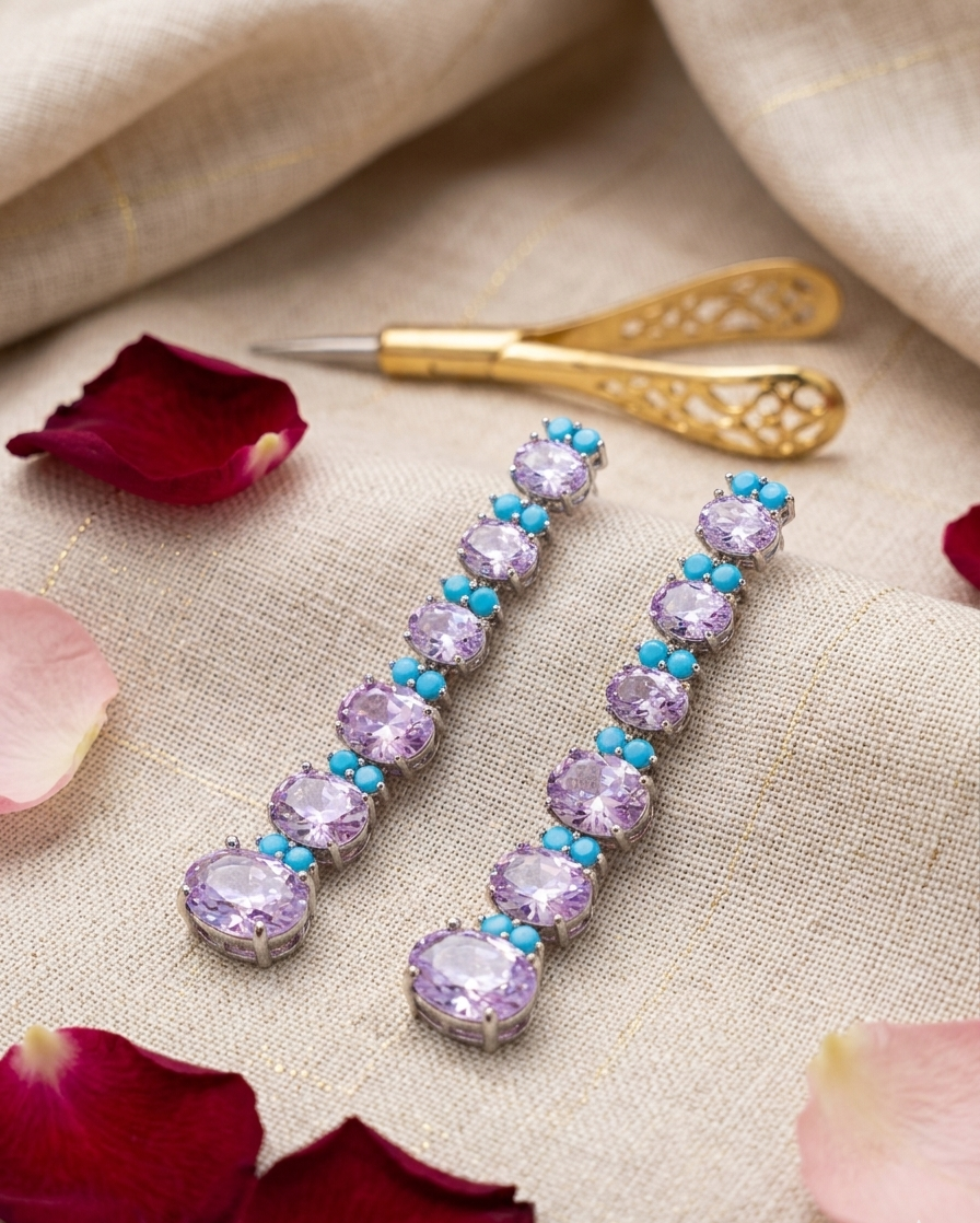 Lavender And Turquoise Caspian Linear Drop Earrings-Platinum Finish