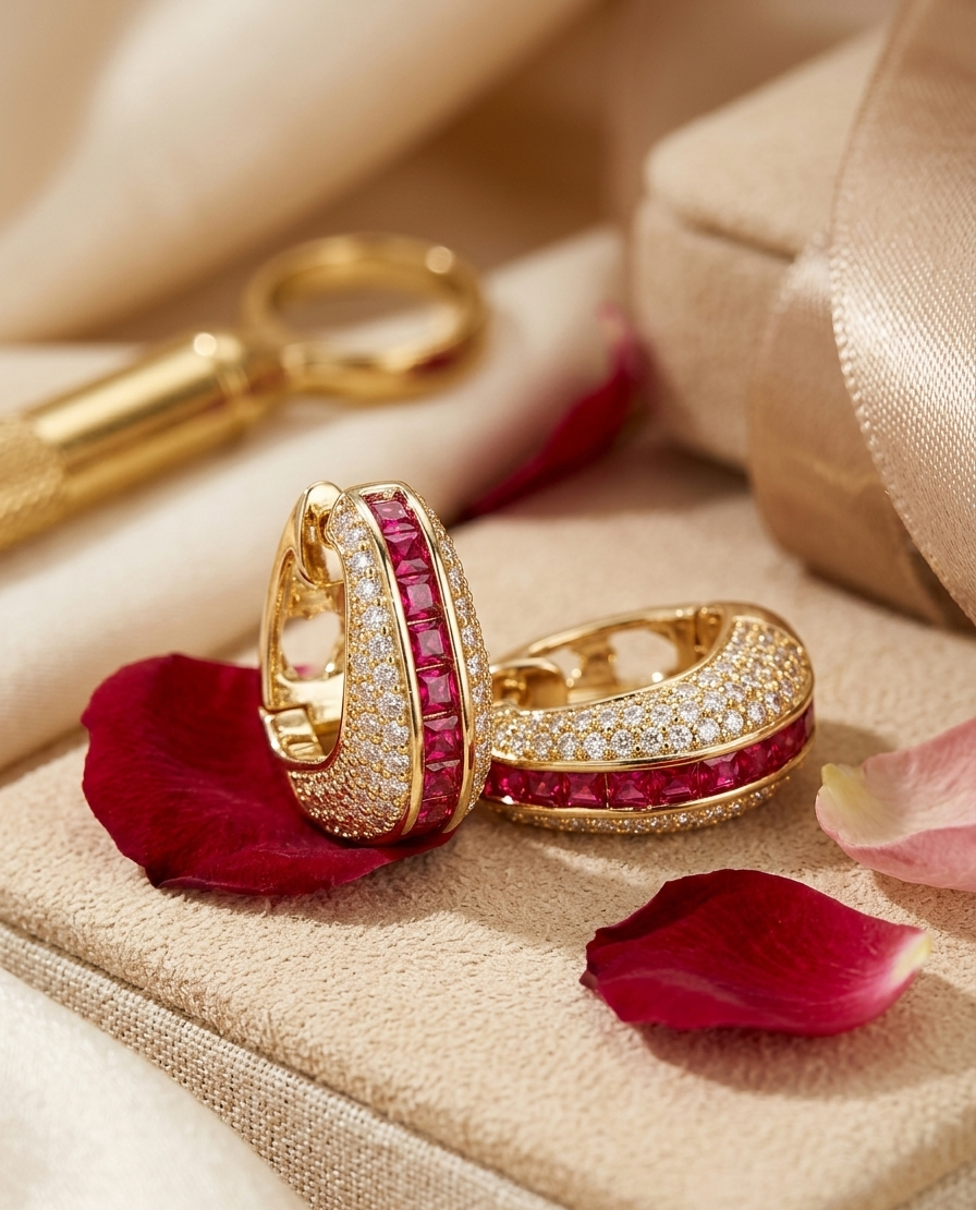 Crimson Empress Pavè Diamond-Style And Ruby Hoops-Gold Finish