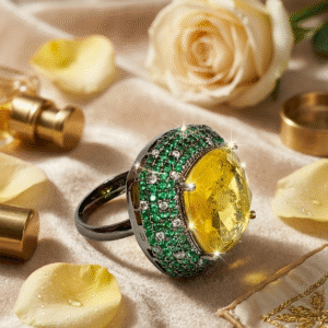 Chrysolite Muse Blackened Gold Critine Emerald Cocktail Ring-Black Rhodium Finish
