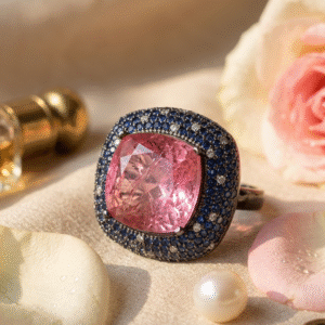 The Nocturnal Rose Cushion Pink Sapphire Dome Ring-Black Rhodium Finish