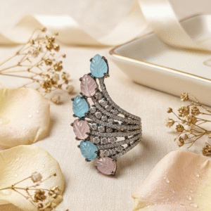 The Nymphalis Pastel Carved Leaf Statement Ring-Black Rhodium Finish