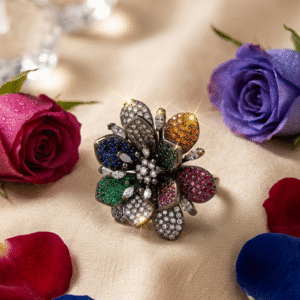 The Primavera Blackened Gold Rainbow Lotus Ring-Black Rhodium Finish