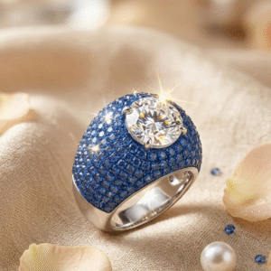 Royal Sapphire Dome Ring With Brilliant Cut Diamond-Style Center-Platinum Finish