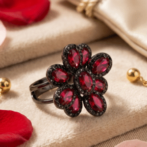 Luxury Black Pavè Ruby Red Cocktail Ring-Black Rhodium Finish