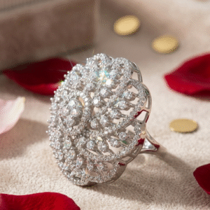 White Gold Pavè Diamond-Style Openwork Cocktail Ring-Platinum Finish