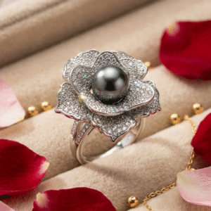 Tahitian Black Pearl Flower Cocktail Ring-Platinum Finish