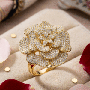 Gold Diamond-Style Blooming Rose Cocktail Ring-Gold Finish