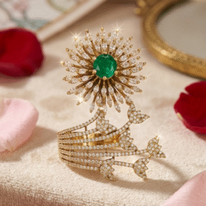 Gold Faux-Emerald Sunburst Multi-Band Floral Wrap Ring-Gold Finish
