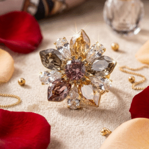 Multi-Tonal Crystal Flower Cocktail Ring-Gold Finish