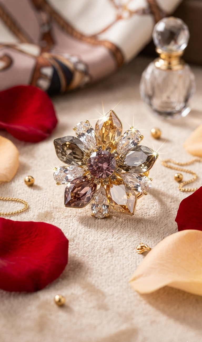 Multi-Tonal Crystal Flower Cocktail Ring-Gold Finish