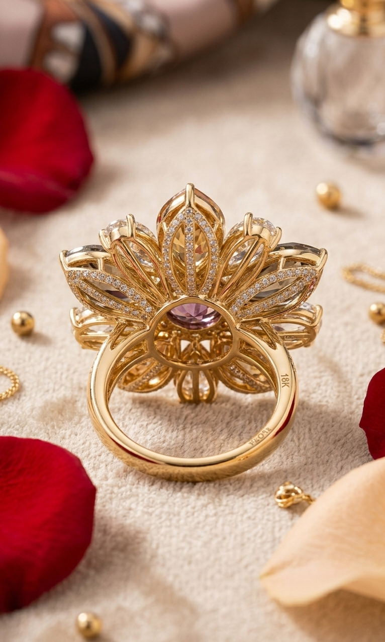 Multi-Tonal Crystal Flower Cocktail Ring-Gold Finish - Image 2