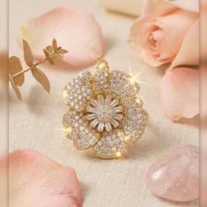 The Sovereign Sunburst Luxury Baguette And Pavè Diamond Blossom Ring-Gold Finish(Size 8)