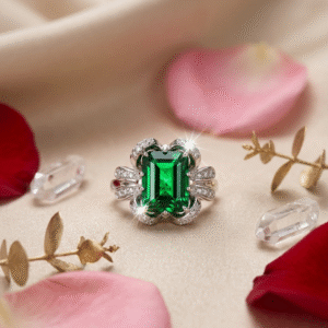 The Empress Coquette Emerald-Cut Green Stone Adjustable Ring-Platinum Finish
