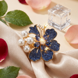 The Oceanique Blue Pavè And Pearl Floral Statement Adjustable Ring-Gold Finish