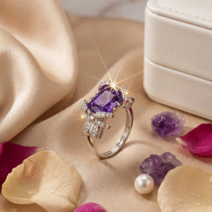 The Imperial Ribbon Emerald-Cut Purple Amethyst Bow Adjustable Ring-Platinum Finish