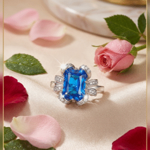 The Windsor Ribbon Blue Sapphire Bow Adjustable Ring-Platinum Finish