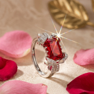 The Coquette Royale Red Garnet And Diamond Ribbon Adjustable Ring-Platinum Finish