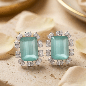 Celestia Aqua Chatoyant Halo Studs-Platinum Finish