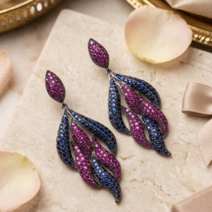 The Sovereign Plume Luxury Bi-Colour Amethyst Openwork Earrings-Black Rhodium Finish
