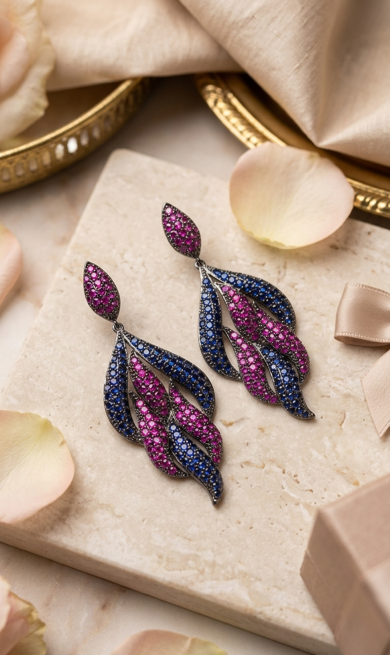 The Sovereign Plume Luxury Bi-Colour Amethyst Openwork Earrings-Black Rhodium Finish