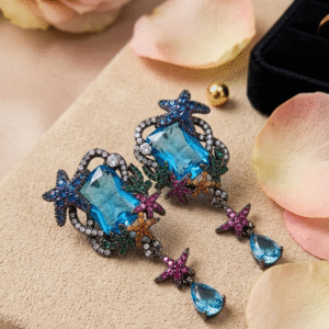 Atlantis Reef Cascade Luxury Blackened Aquamarine Nautical Drop Earrings-Black Rhodium Finish
