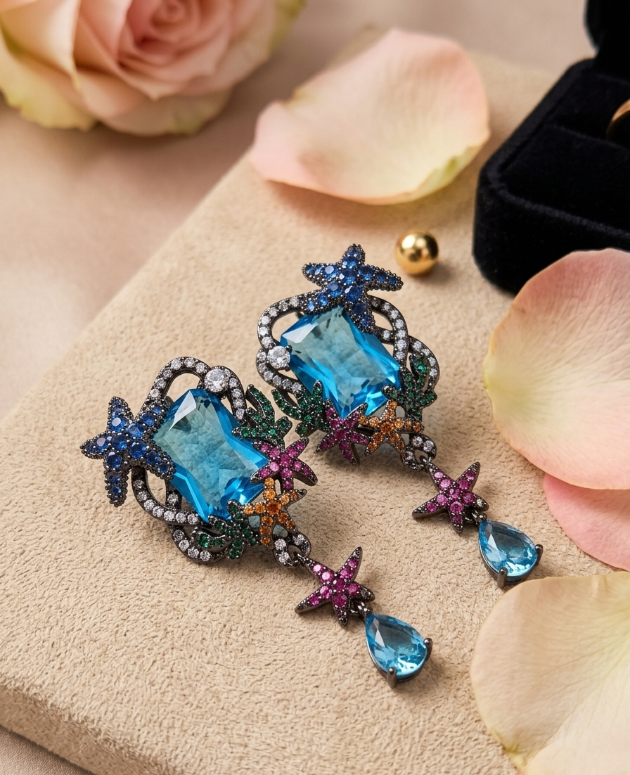 Atlantis Reef Cascade Luxury Blackened Aquamarine Nautical Drop Earrings-Black Rhodium Finish