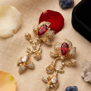 Ruby Red Garnet And Diamond-Style Pavè Floral Drop Earrings-Gold Finish