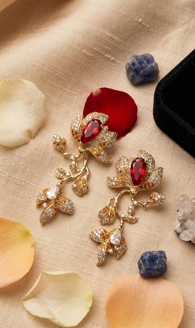Ruby Red Garnet And Diamond-Style Pavè Floral Drop Earrings-Gold Finish