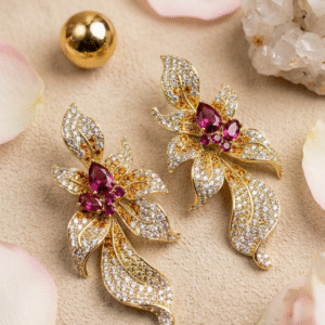 Luxury Pear-Cut Rubellite And Ombrè Topaz Floral Earrings-Gold Finish