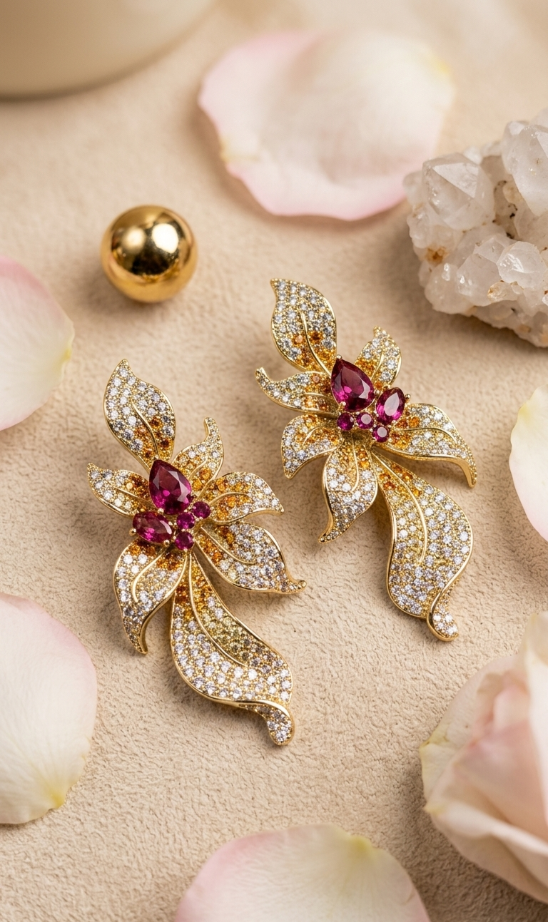 Luxury Pear-Cut Rubellite And Ombrè Topaz Floral Earrings-Gold Finish