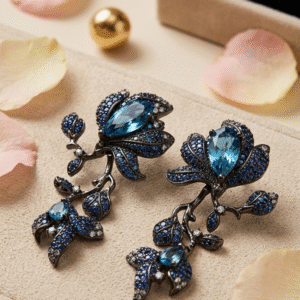 London Blue Topaz And Sapphire Pavè Floral Drop Earrings-Black Rhodium Finish