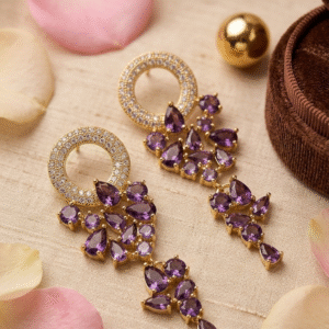 Purple Crystal Teardrop Cascade Statement Earrings-Gold Finish