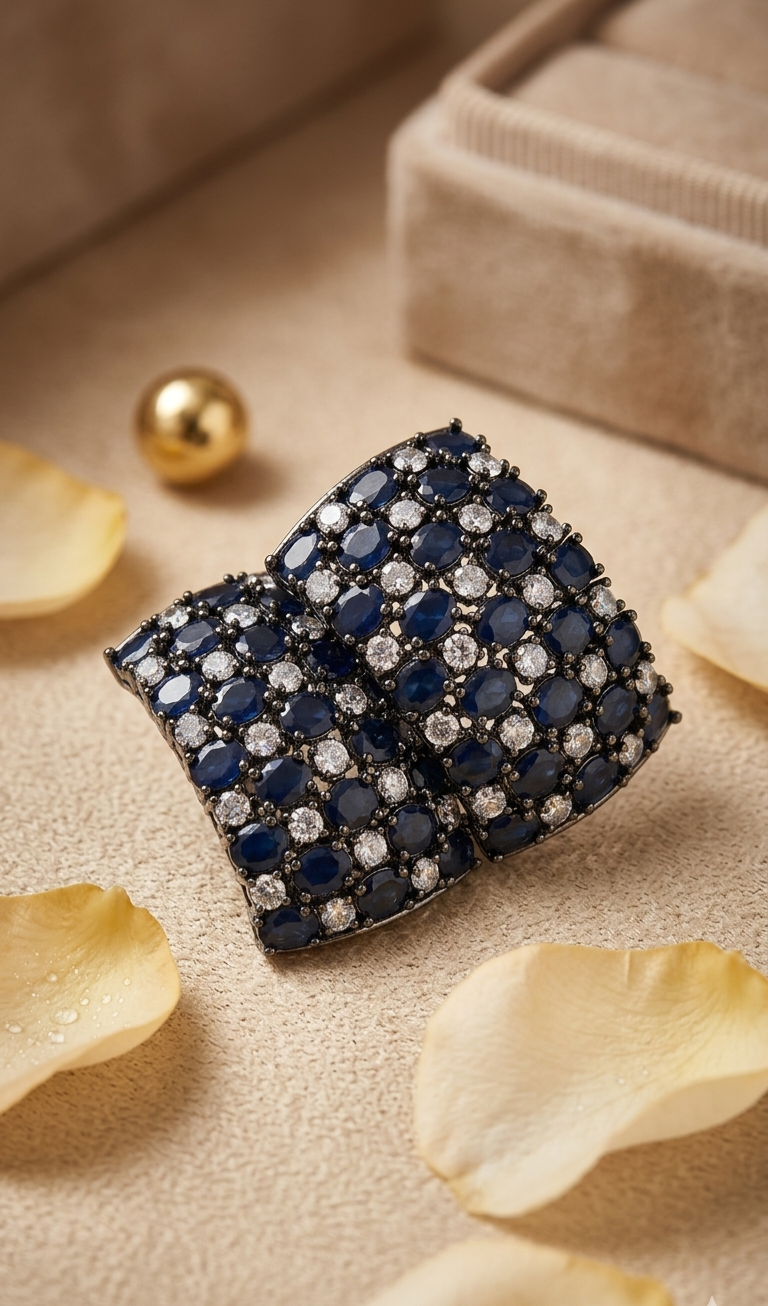 Luxury Curved Sapphire And White Topaz Hoops-Black Rhodium Finish